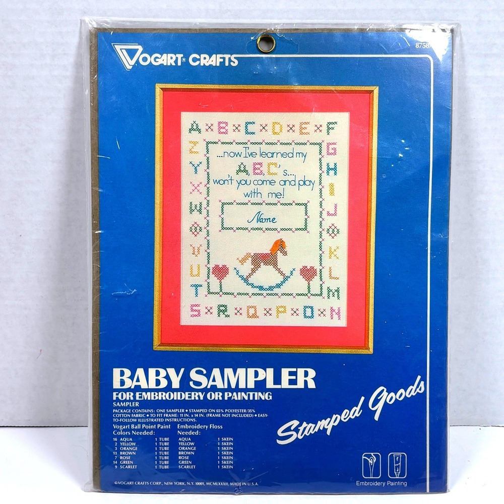 Vtg '82 Vogart Baby ABC Sampler Blank Stamped Fabric Embroidery 11x14 Sealed NEW
